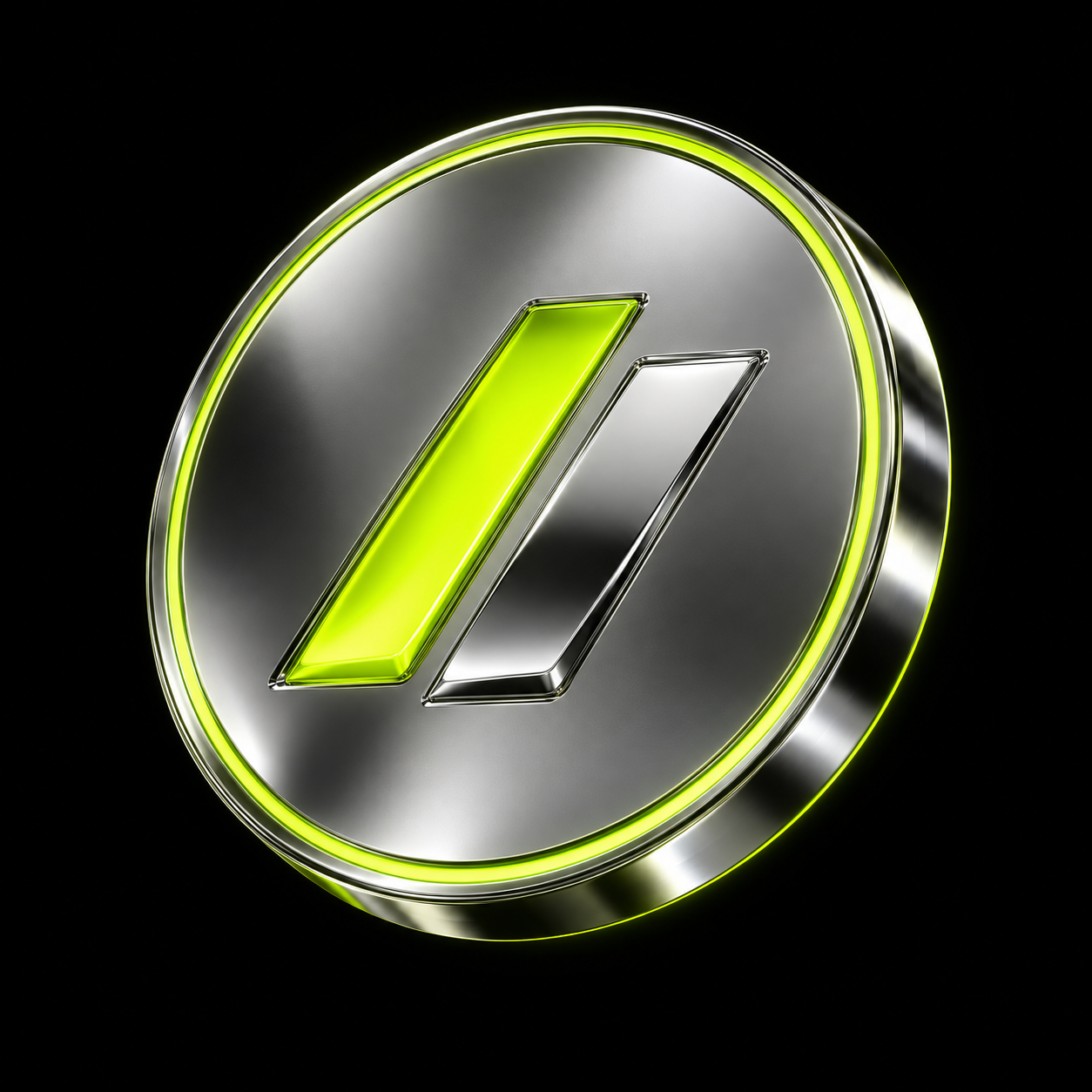 A chrome coin engraved with an X, with a lime glow around its rim.